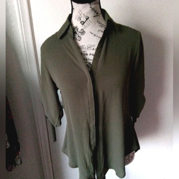 Express Olive Flowy Tie-Sleeve Blouse - Picture 1 of 4